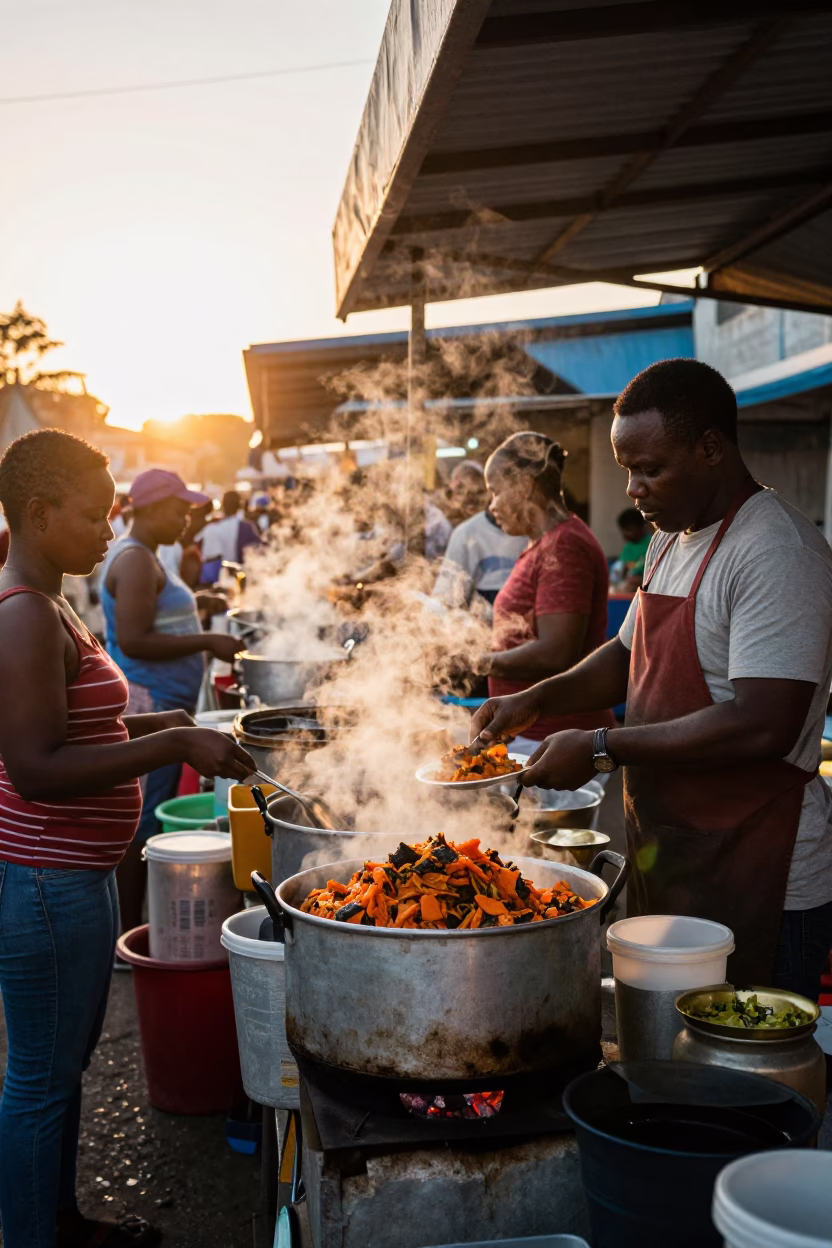 Busy Durban Street Food Stall at Sunset with Local Diners and Ocean Background in in Durban, South Africa