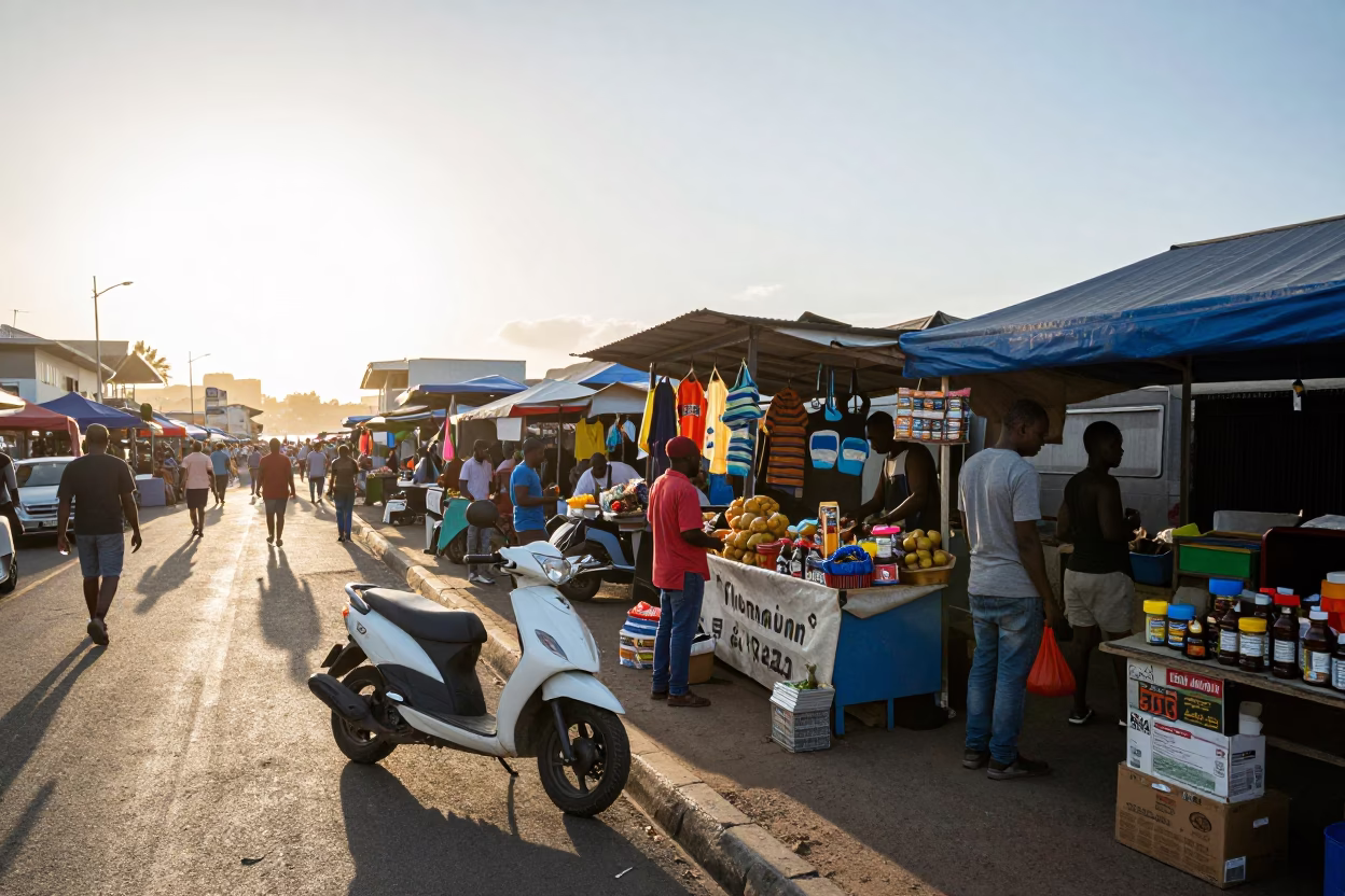 Busy Durban Street Market Stall Just After Sunrise with Local Vendor and Scooter in in Durban, South Africa