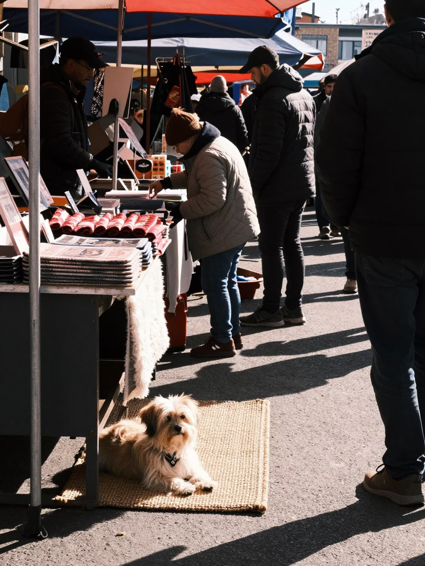 Busy Durban Street Market Stall Winter Noon Lhasa Apso Resting in in Durban, South Africa