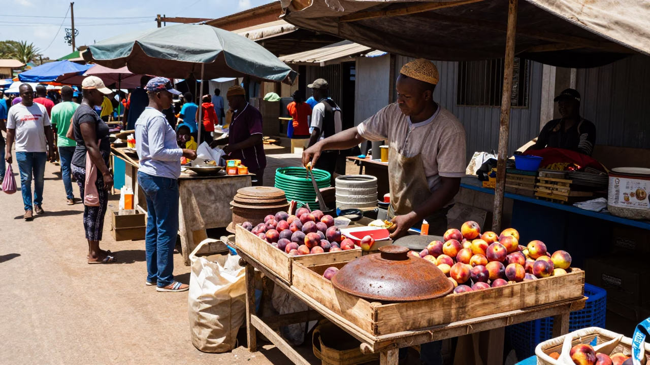 Busy Durban Street Market Stall with Rusty Pot Lid and Iron Hook at Midday in in Durban, South Africa