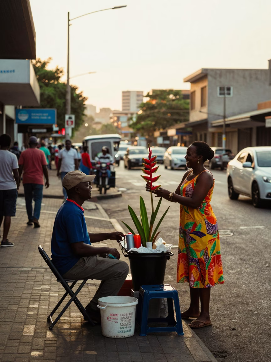 Busy Durban Street Morning with Heliconia and Folding Stools in in Durban, South Africa