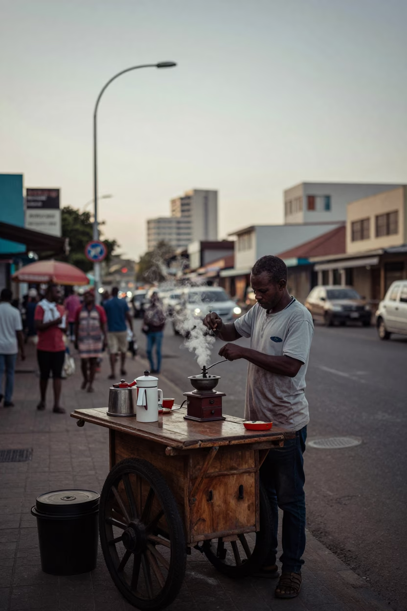 Busy Durban Street Scene at Dawn with Vintage Coffee Grinder and Local Market Activity in in Durban, South Africa