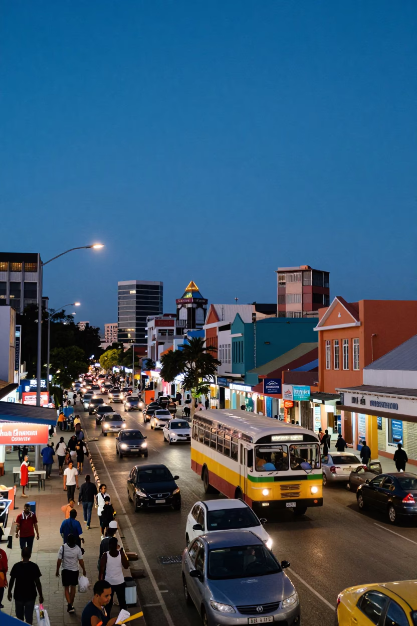 Busy Durban Street Scene at Dusk with Colorful Shopfronts and Evening Traffic in in Durban, South Africa