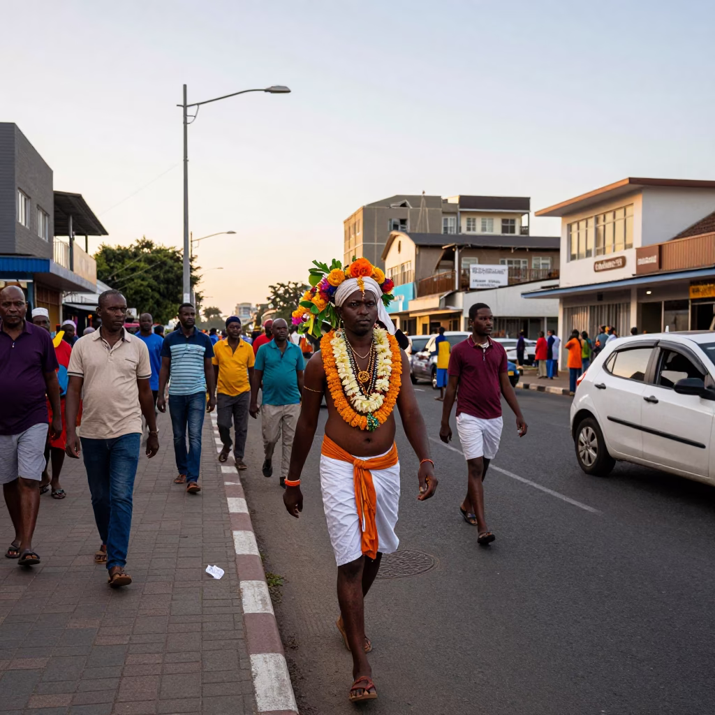Busy Durban Street Scene at Early Evening with Thaipusam Devotee and Local Traffic in in Durban, South Africa