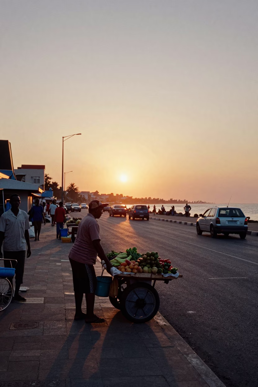 Busy Durban street scene at sunset with local vendors and pedestrians near the waterfront in in Durban, South Africa