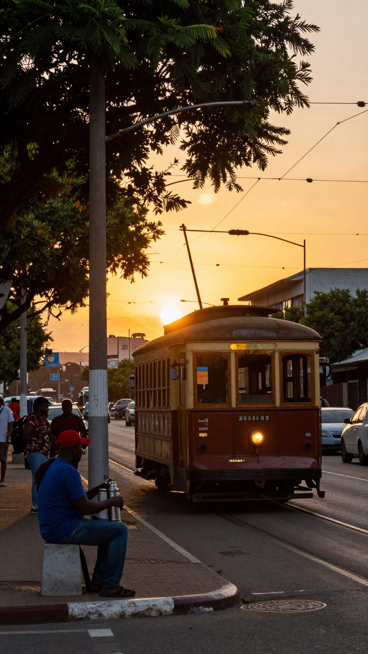 Busy Durban Street Scene at Sunset with Old Trolley and Local Commerce in in Durban, South Africa