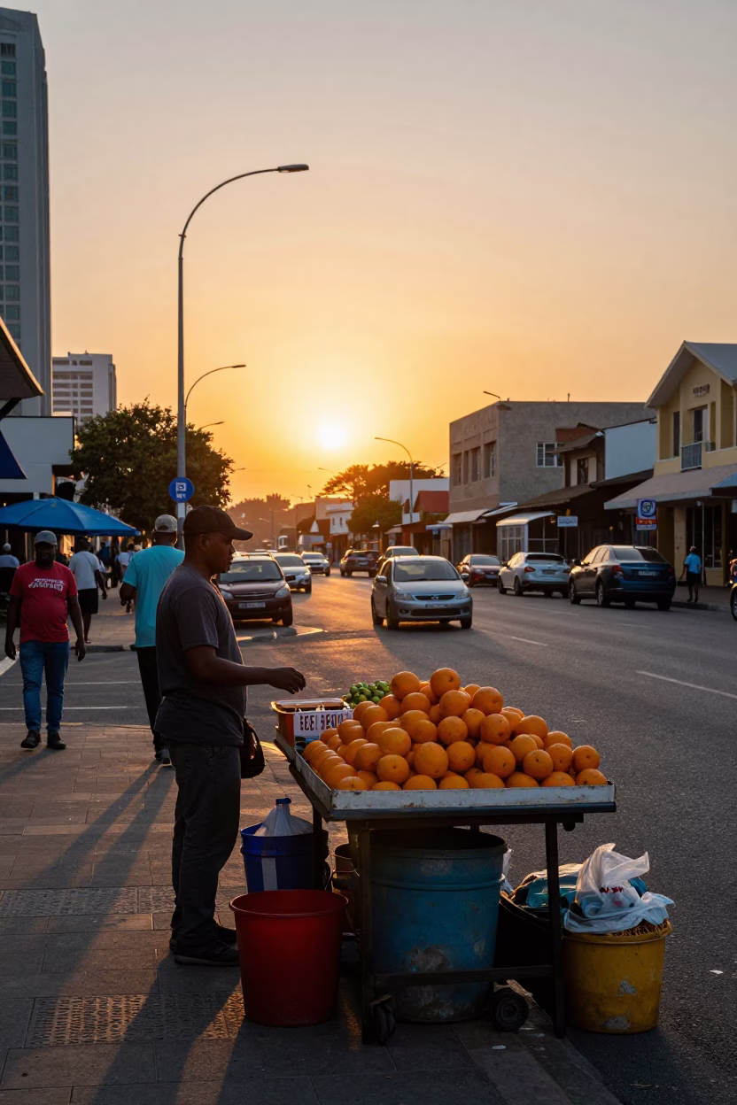 Busy Durban Street Scene at Sunset with Oranges and Carnival Mask in in Durban, South Africa