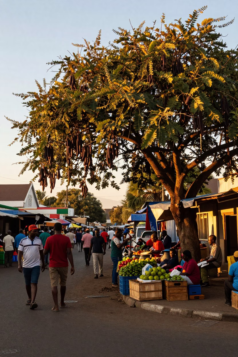 Busy Durban Street Scene at Sunset with Tamarind Tree and Local Market Activity in in Durban, South Africa
