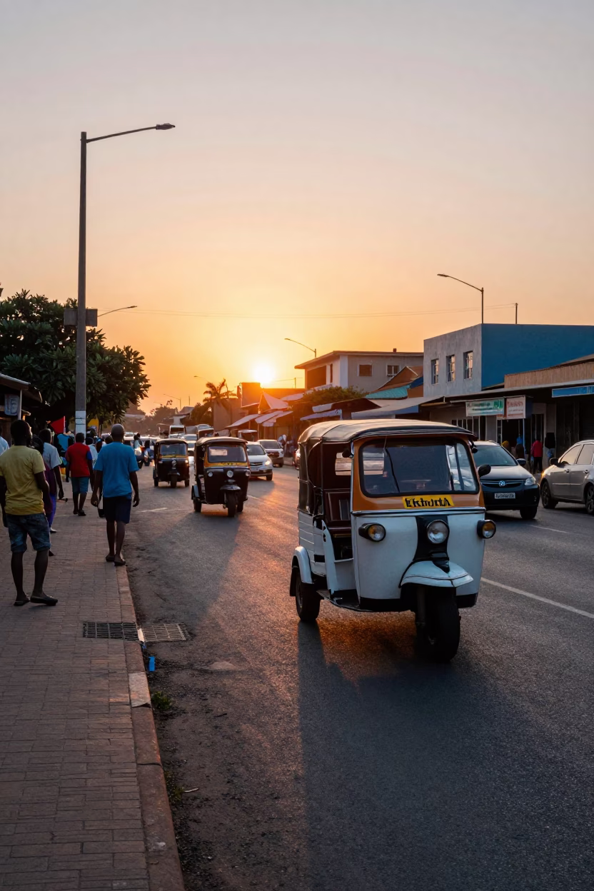 Busy Durban Street Scene at Sunset with Tuk-Tuk and Local Commerce in in Durban, South Africa