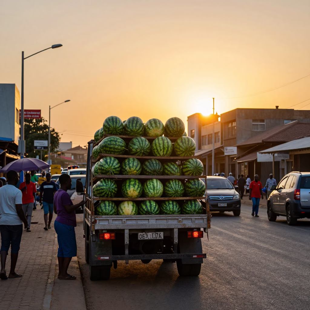 Busy Durban Street Scene at Sunset with Watermelon Vendor Truck and Colorful Local Activity in in Durban, South Africa