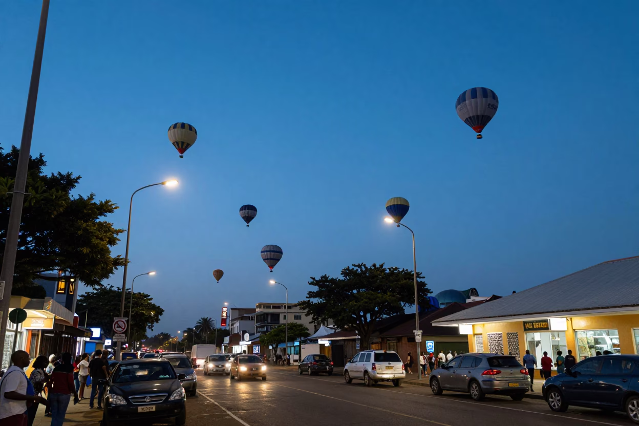 Busy Durban street scene at twilight with hot air balloons and local market activity in in Durban, South Africa