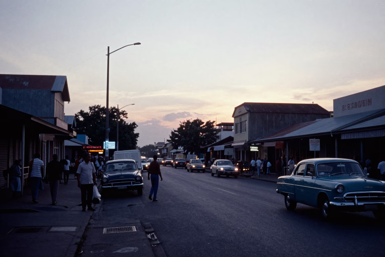 Busy Durban Street Scene Before Sunrise with Vintage 1950s Aesthetic in in Durban, South Africa