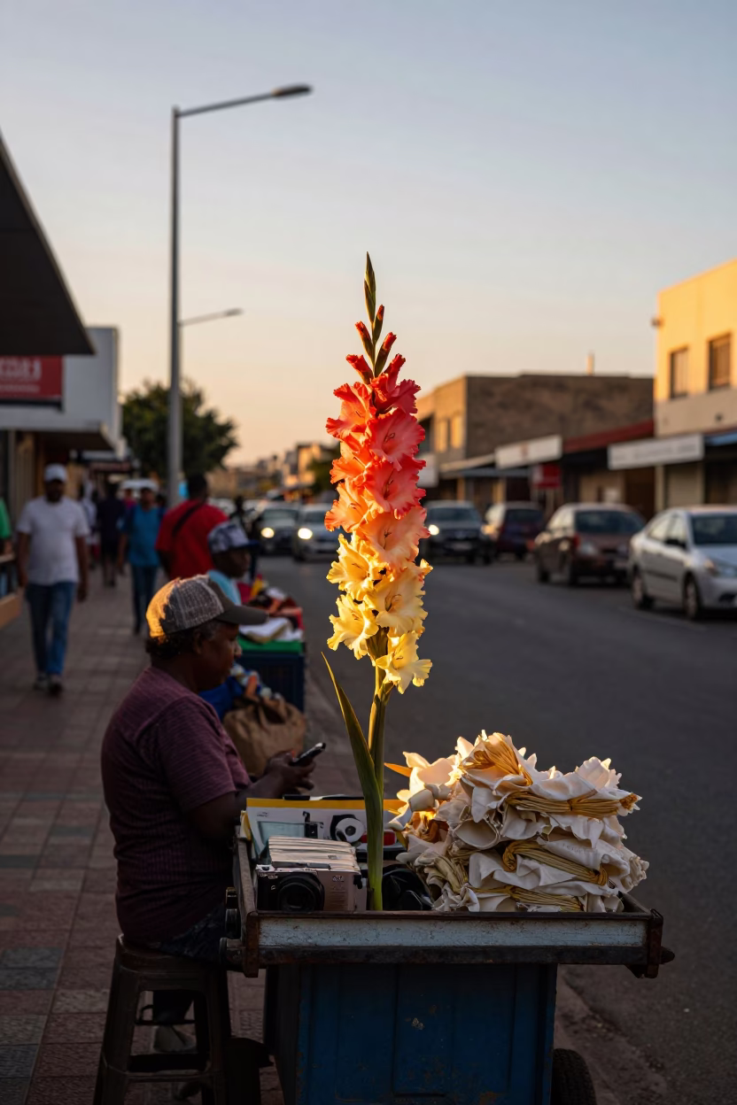 Busy Durban Street Scene Honeyed Evening Light with Gladiolus Spike and Vintage Locomotive in in Durban, South Africa