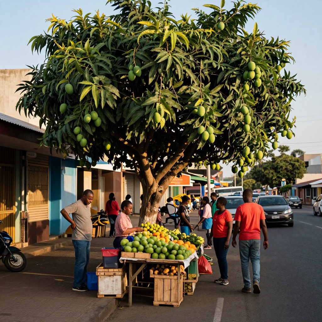 Busy Durban Street Scene Late Afternoon with Mango Tree and Local Market Activity in in Durban, South Africa