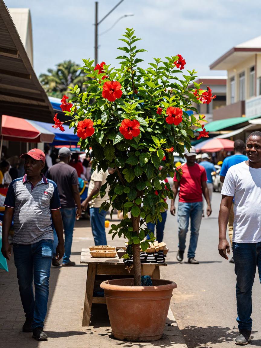 Busy Durban Street Scene Midday with Flowering Plant and Local Market Activity in in Durban, South Africa
