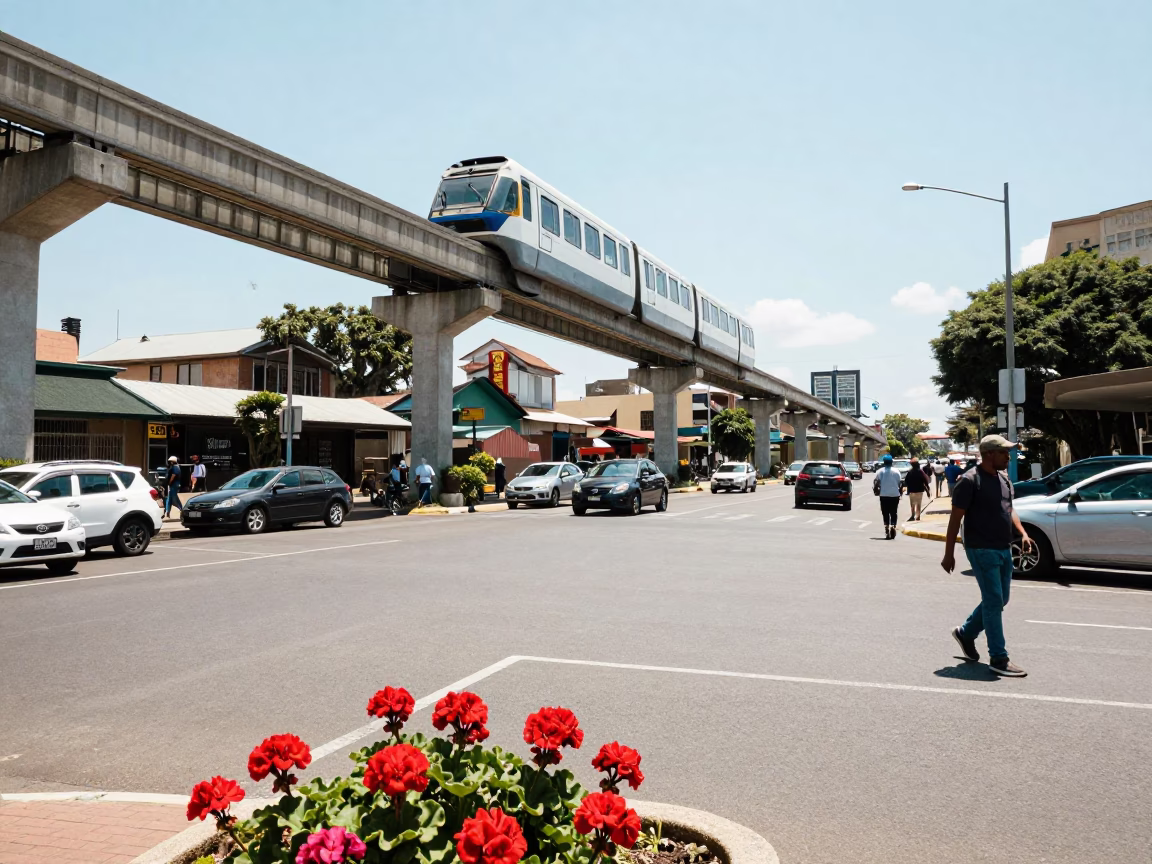 Busy Durban Street Scene with Monorail and Geraniums in Bright Midmorning Light in in Durban, South Africa