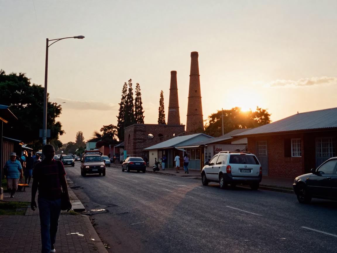 Busy Durban Sunset Street Scene with Brick Kilns and Cypress Trees in in Durban, South Africa