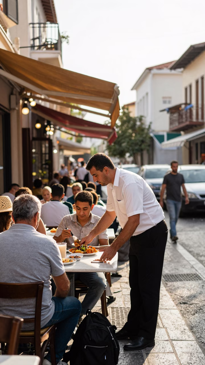 Busy Early Afternoon Street Scene in Athens Greece with Traditional Food and Local Interaction in in Athens, Greece