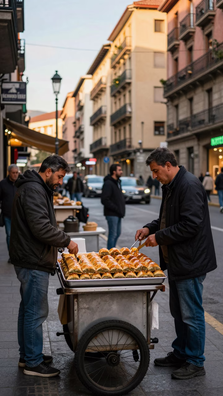 Busy Early Afternoon Street Scene in Bilbao Spain with Local Food and Urban Details in in Bilbao, Spain