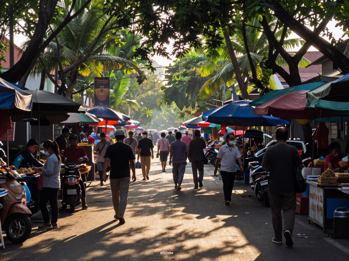 Busy Early Afternoon Street Scene in Denpasar Indonesia with Local Market Activity in in Denpasar, Indonesia