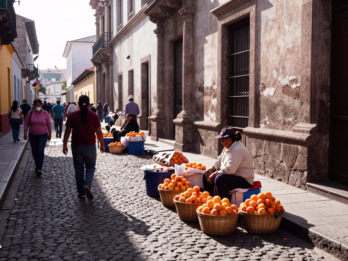 Busy Early Afternoon Street Scene in Lima Peru with Local Market Activity in in Lima, Peru