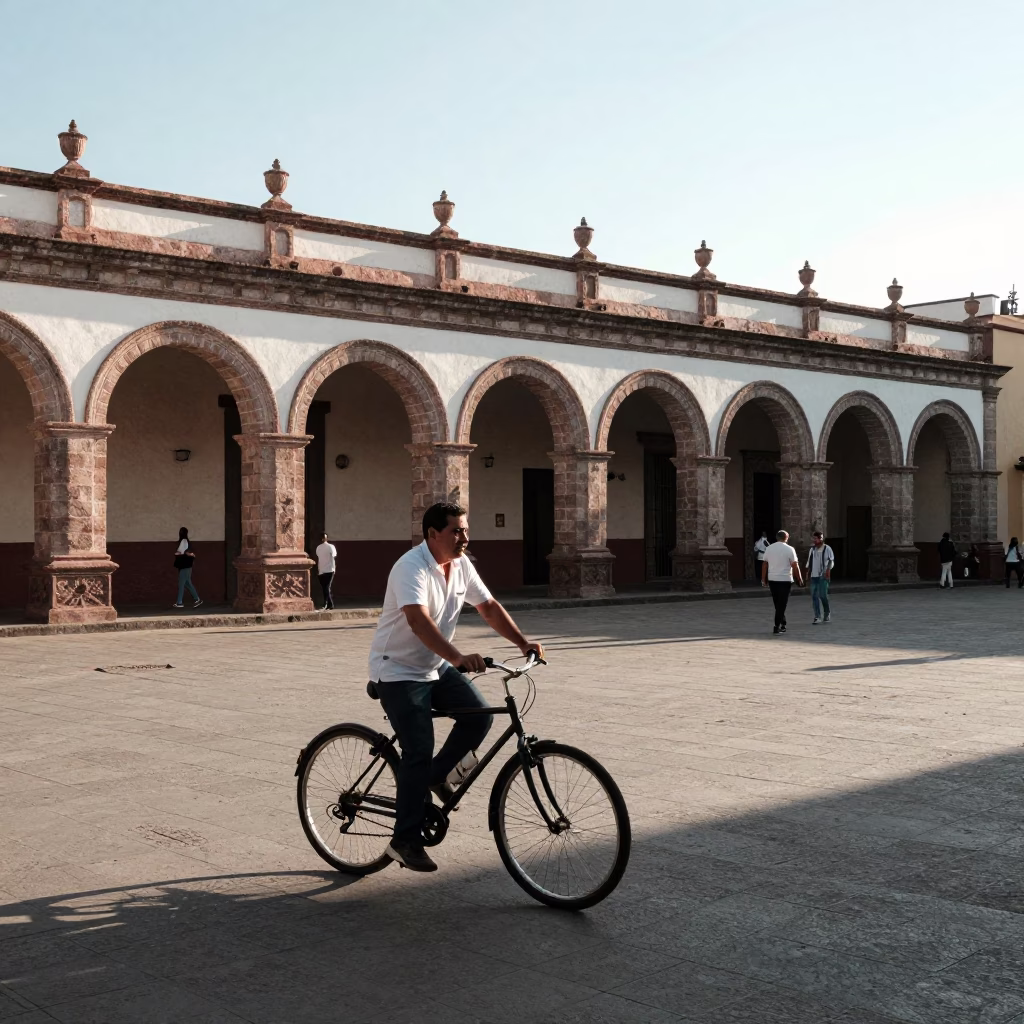 Busy Early Afternoon Street Scene in Merida Mexico with Bicycle and Zinnias in in Merida, Mexico