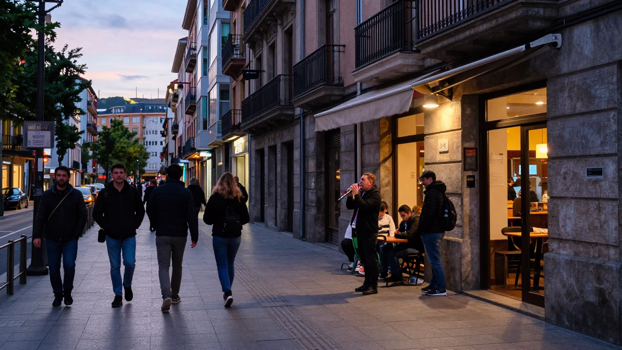Busy Early Evening Street Scene in Bilbao Spain with Local Life and Urban Details in in Bilbao, Spain