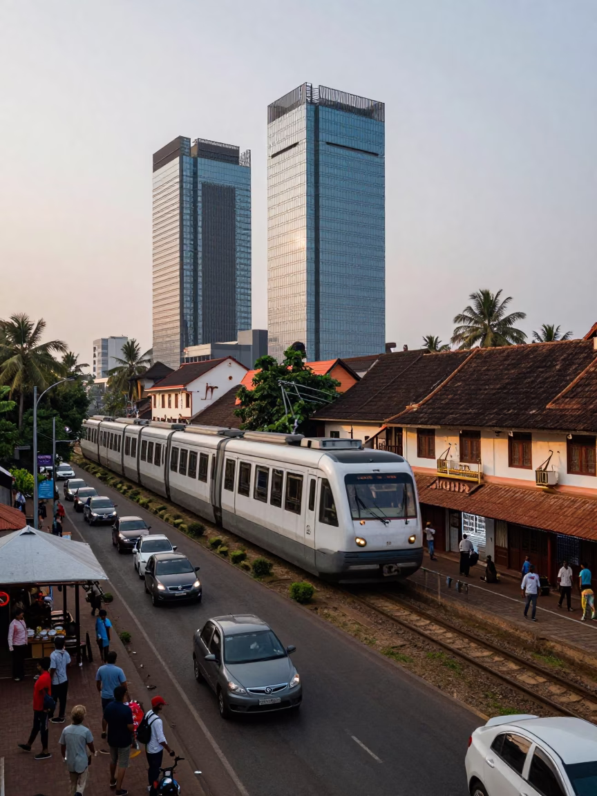 Busy Early Evening Street Scene in Kochi India with Monorail and Traditional Architecture in in Kochi, India
