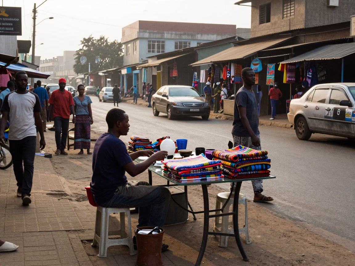 Busy Early Morning Accra Street Scene with Local Vendor and Glass Tabletop in in Accra, Ghana