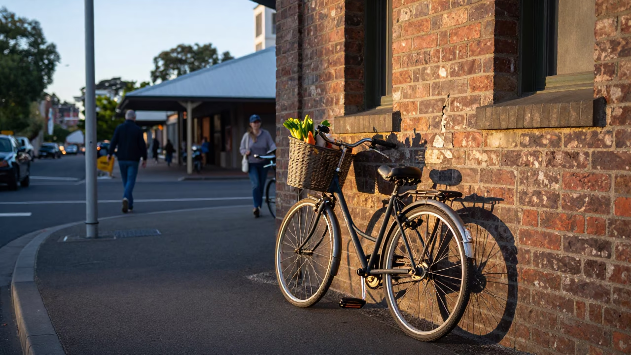 Busy Early Morning Adelaide Street Scene with Bicycle Basket and Decanter in in Adelaide, South Australia, Australia