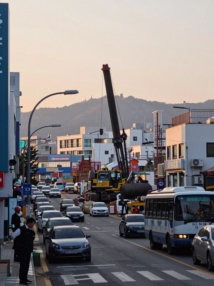 Busy Early Morning Busan Street Scene with Construction and Fishing Gear in in Busan, South Korea
