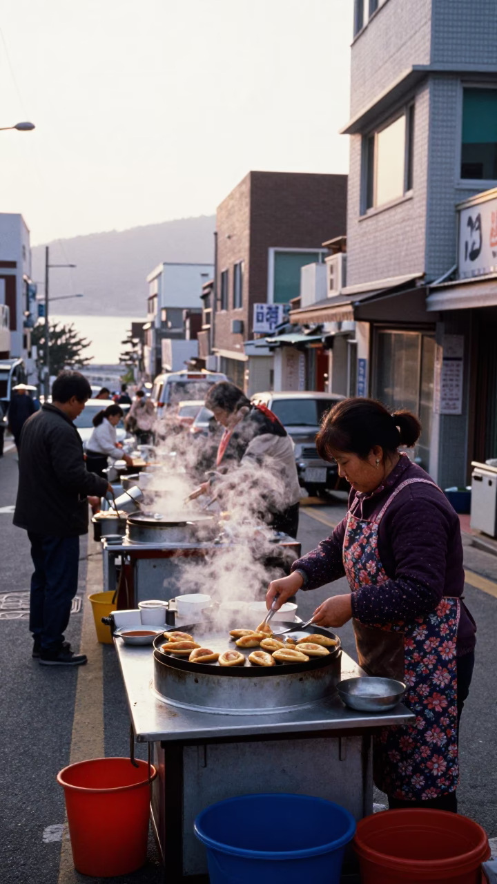 Busy Early Morning Busan Street Scene with Vendor and Customers in South Korea in in Busan, South Korea