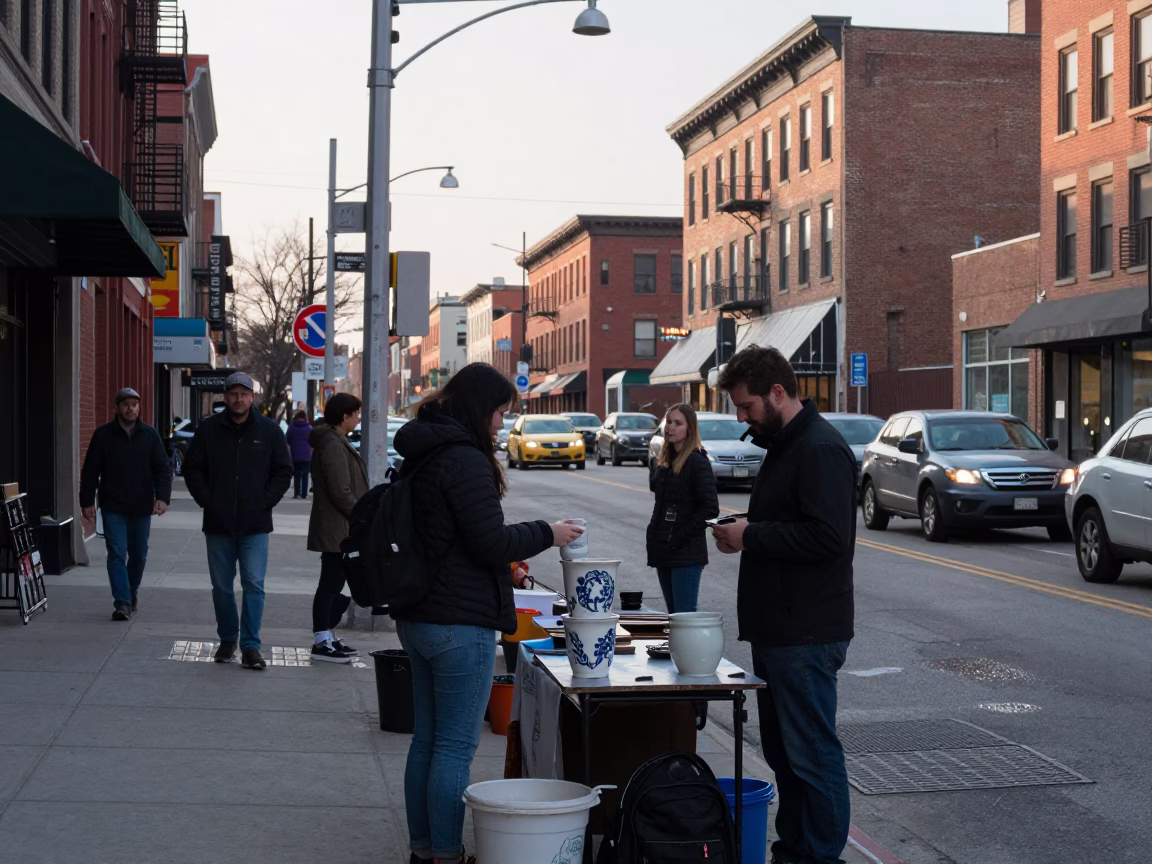 Busy Early Morning Chicago Street Scene with Ceramic Cup and Apricots in in Chicago, Illinois, United States