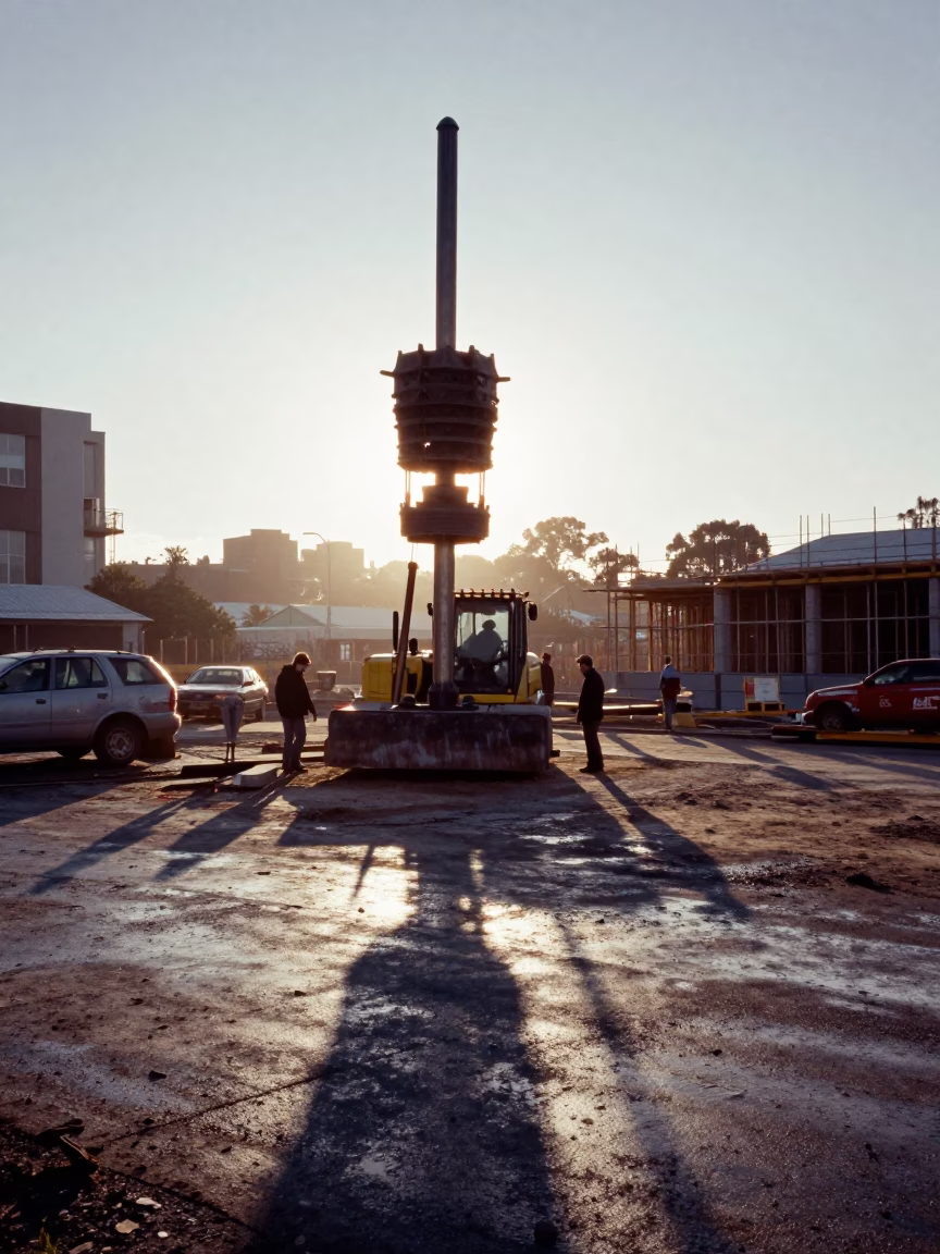 Busy Early Morning Construction Site in Wellington New Zealand with Pile Driver in in Wellington, New Zealand