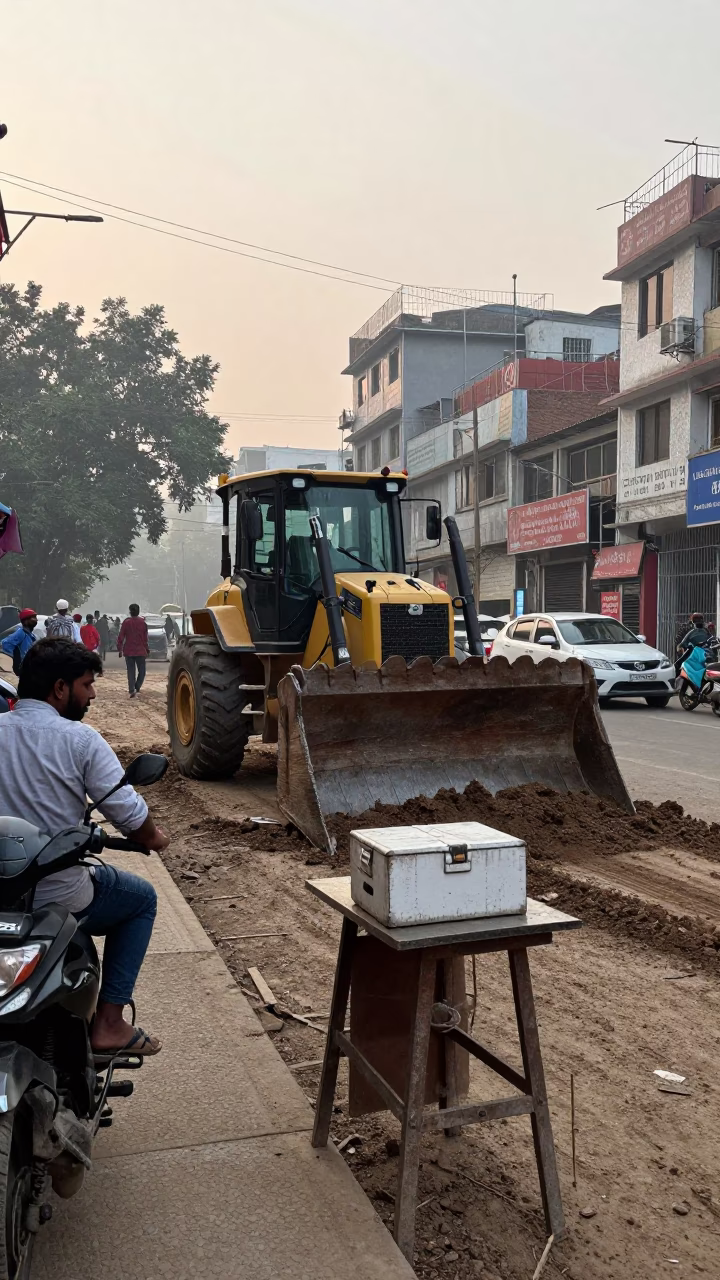 Busy Early Morning Delhi Street Scene with Construction and Daily Life in in Delhi, India