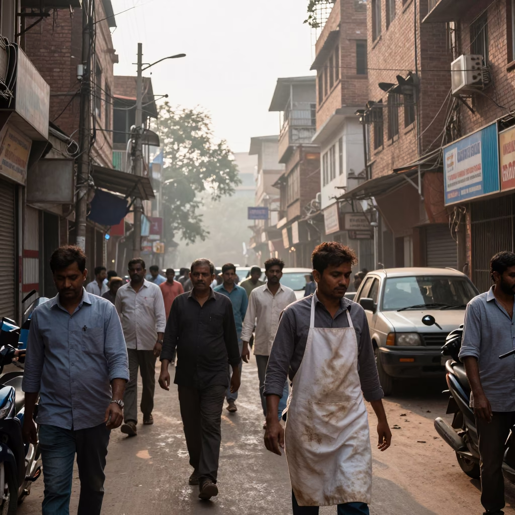 Busy Early Morning Delhi Street Scene with Vendor Apron and Traditional Architecture in in Delhi, India