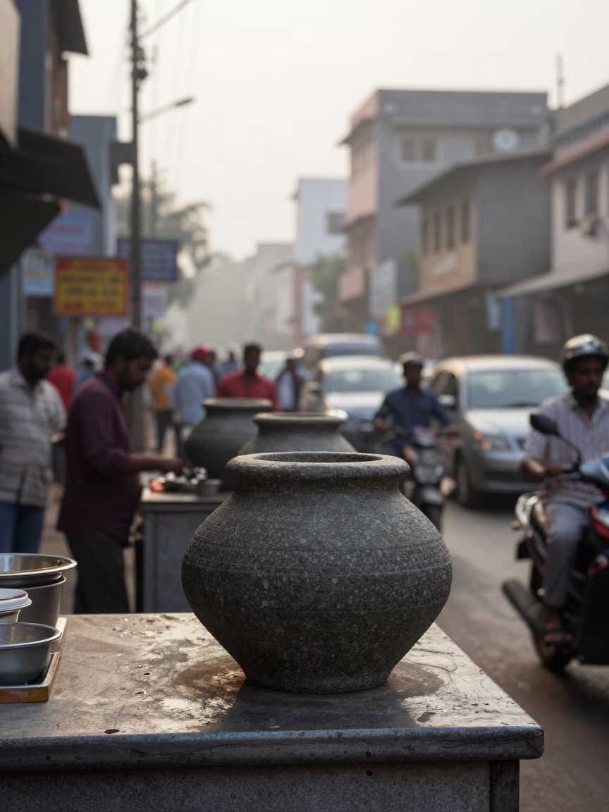 Busy Early Morning Hyderabad Street Scene with Stone Pot and Dusty Doorframe Details in in Hyderabad, India