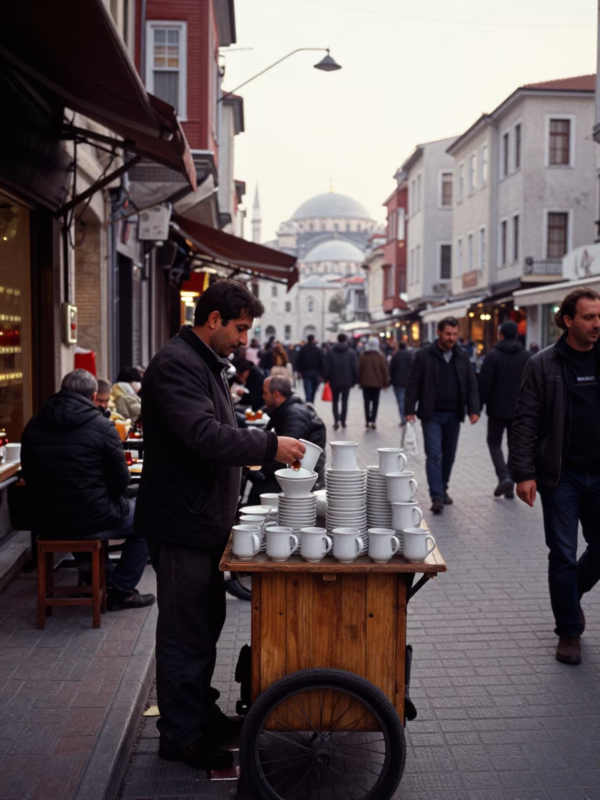 Busy Early Morning Istanbul Street Scene with Ceramic Mugs and Tulips in in Istanbul, Turkey
