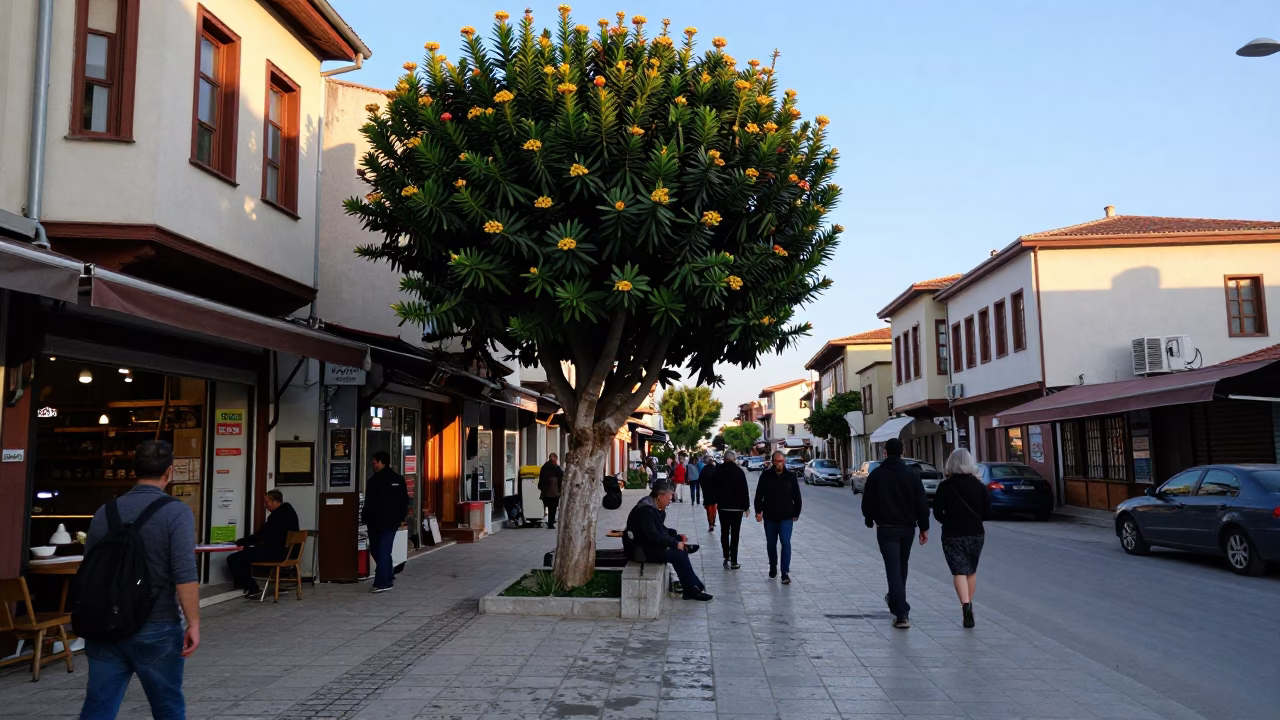 Busy Early Morning Izmir Street Scene with Euphorbia Candelabra Tree and Local Market Activity in in Izmir, Turkey
