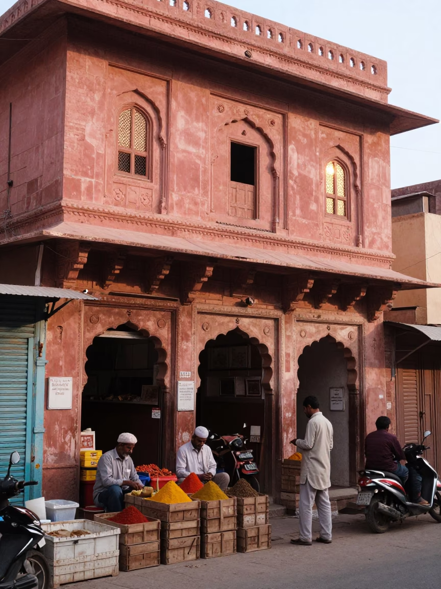 Busy Early Morning Jaipur Street Scene with Traditional Brick Architecture and Local Commerce in in Jaipur, India
