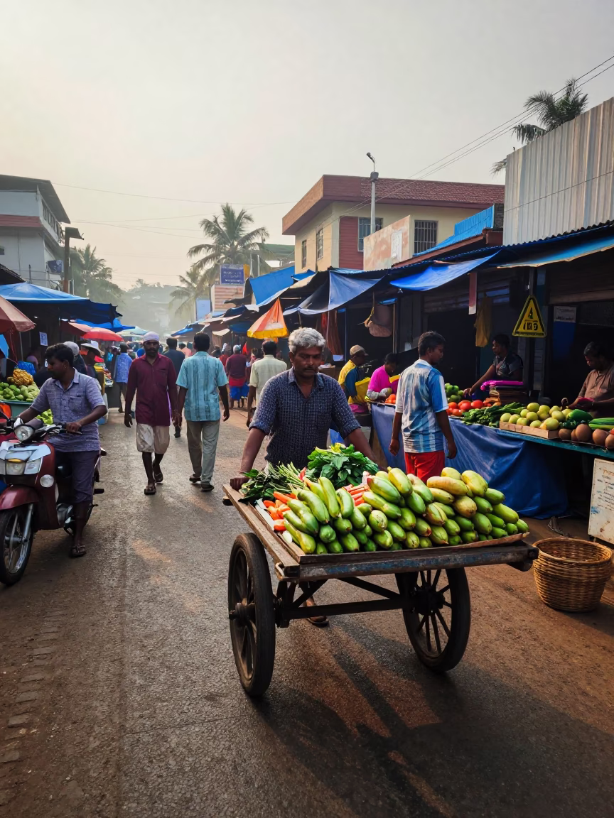 Busy Early Morning Kochi India Street Scene with Local Market Activity in in Kochi, India