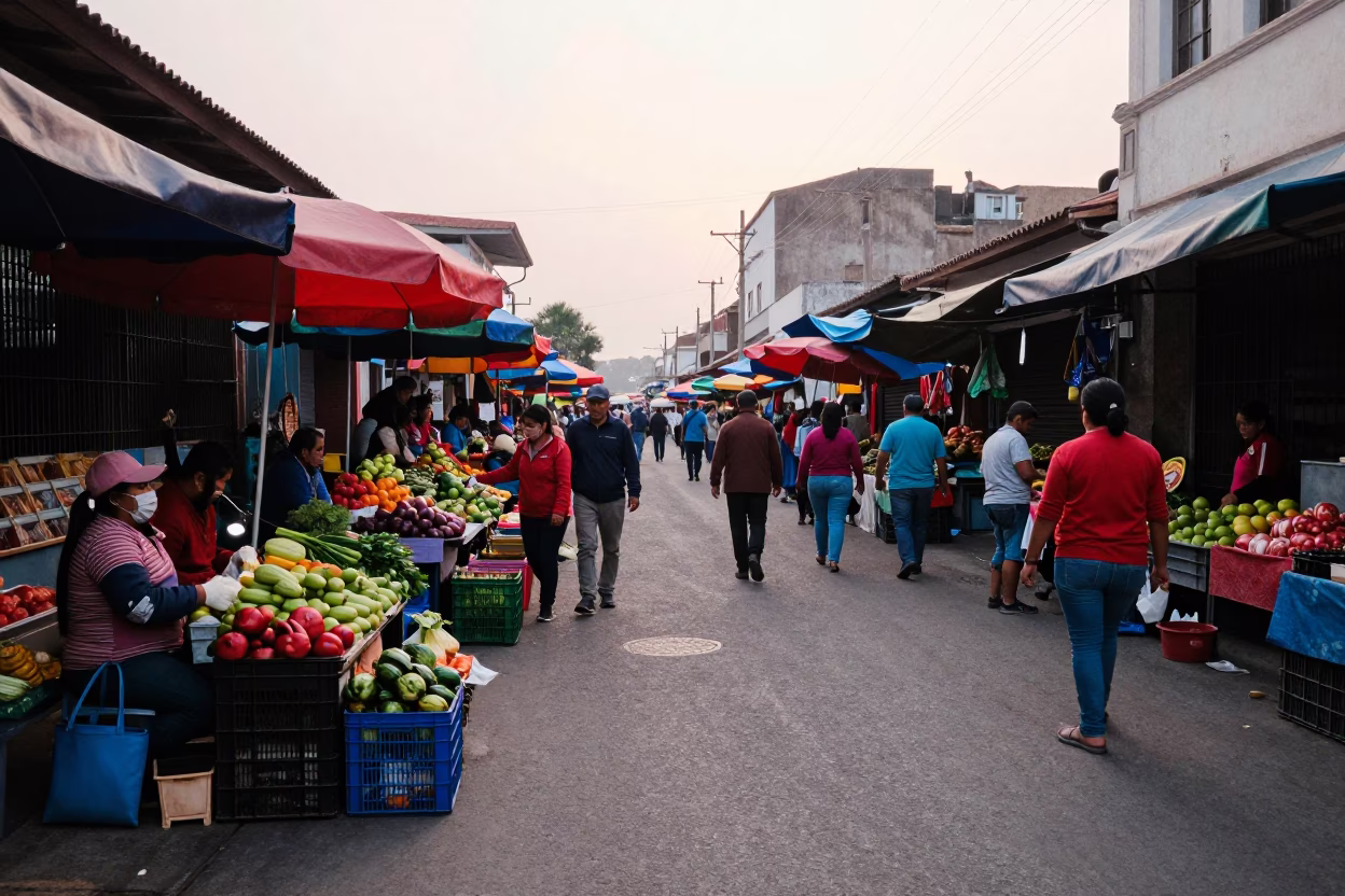 Busy Early Morning Lima Peru Street Scene with Colorful Market Activity and Local Life in in Lima, Peru