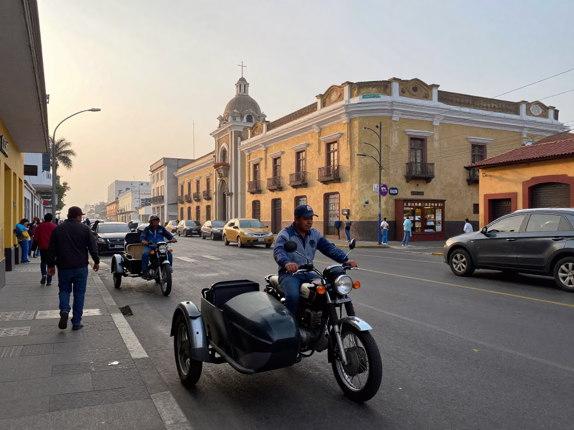 Busy Early Morning Lima Street Scene with Vintage Motorcycle Sidecar and Local Commerce in in Lima, Peru