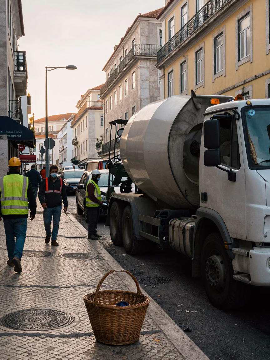 Busy Early Morning Lisbon Street Scene with Cement Mixer and Construction Activity in in Lisbon, Portugal