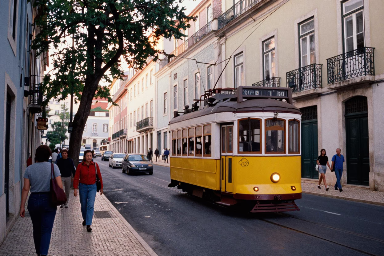 Busy Early Morning Lisbon Street Scene with Yellow Tram and Tree Lined Boulevard in in Lisbon, Portugal