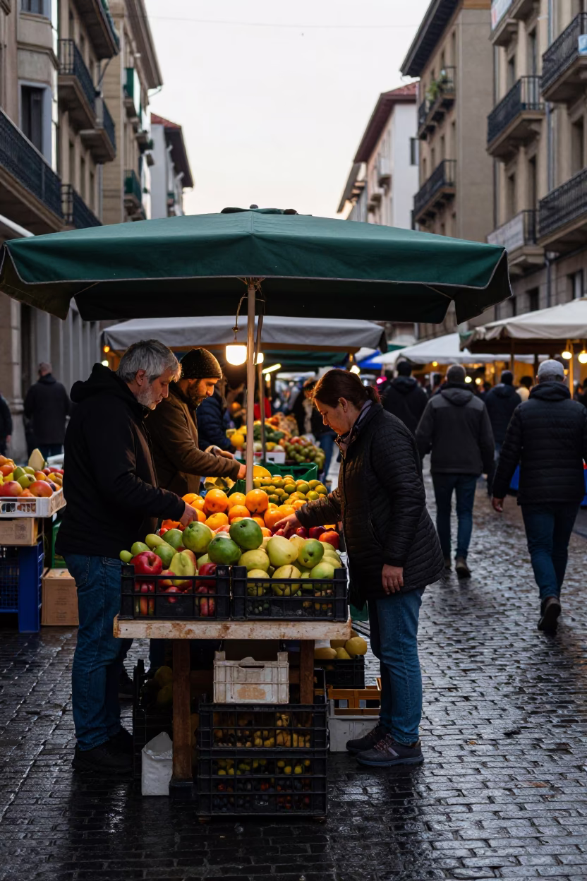 Busy Early Morning Market Scene in Bilbao Spain with Fruit Crates and Local Interaction in in Bilbao, Spain