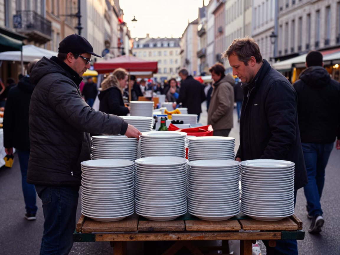 Busy Early Morning Market Scene in Lyon France with Stacked Plates and Local Activity in in Lyon, France