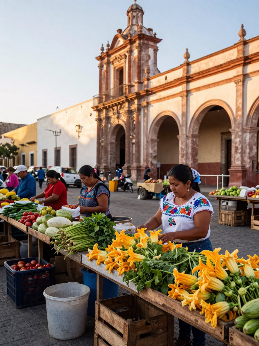 Busy Early Morning Market Scene in Merida Mexico with Squash Blossoms and Local Vendors in in Merida, Mexico