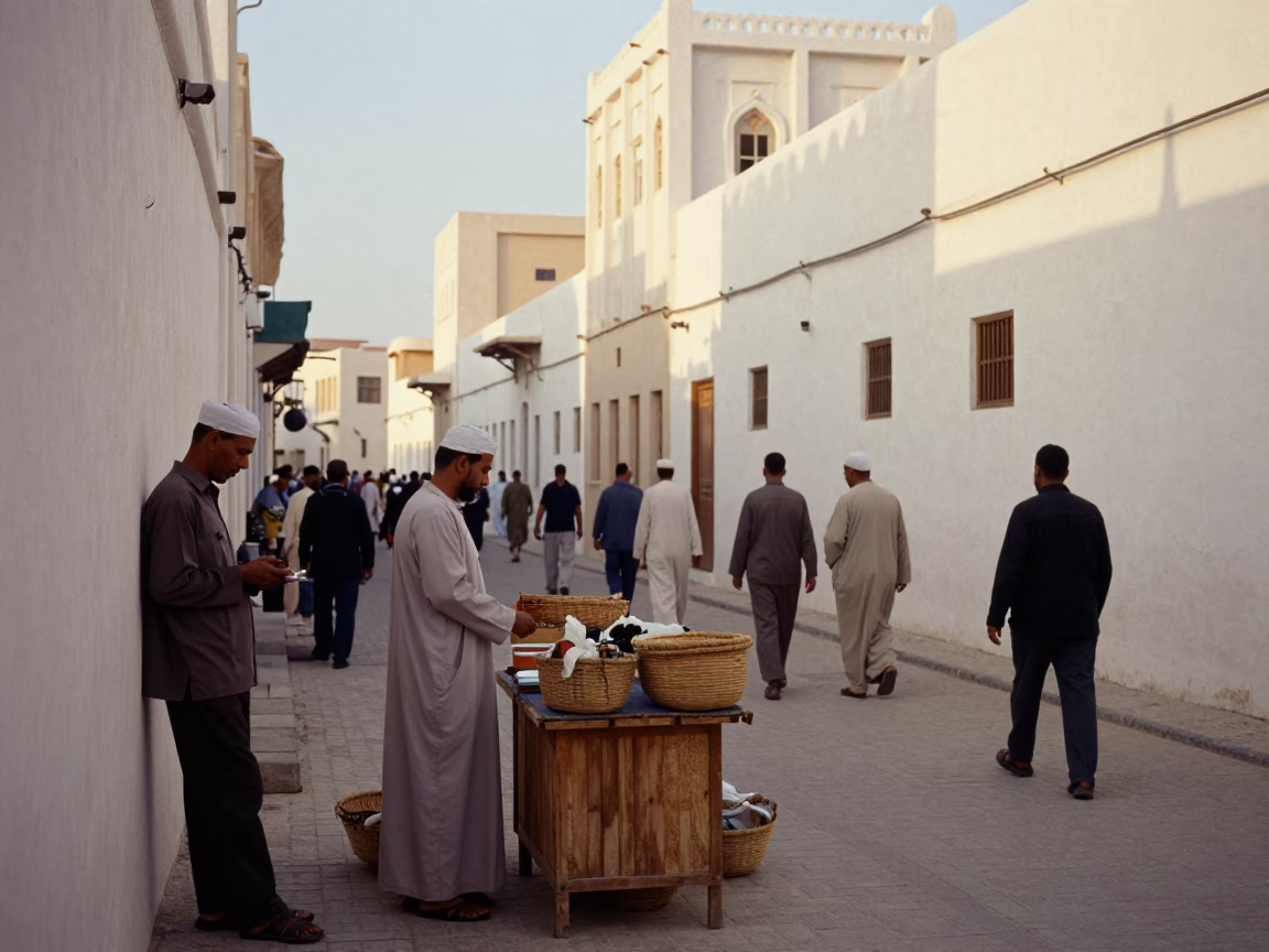 Busy Early Morning Muscat Street Scene with Traditional Basket and Soap Streaks in in Muscat, Oman