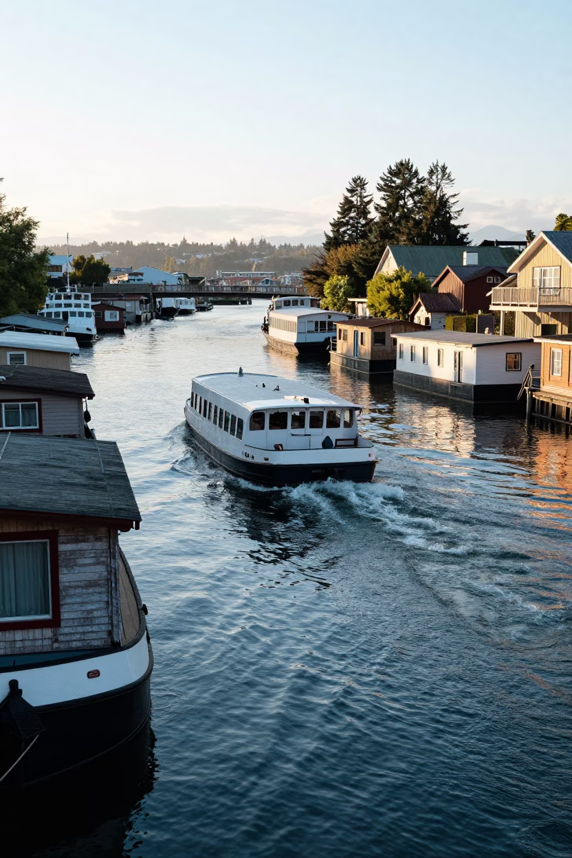 Busy Early Morning Portland Oregon Canal Water Taxi Navigating Between Historic Houseboats in in Portland, Oregon, United States